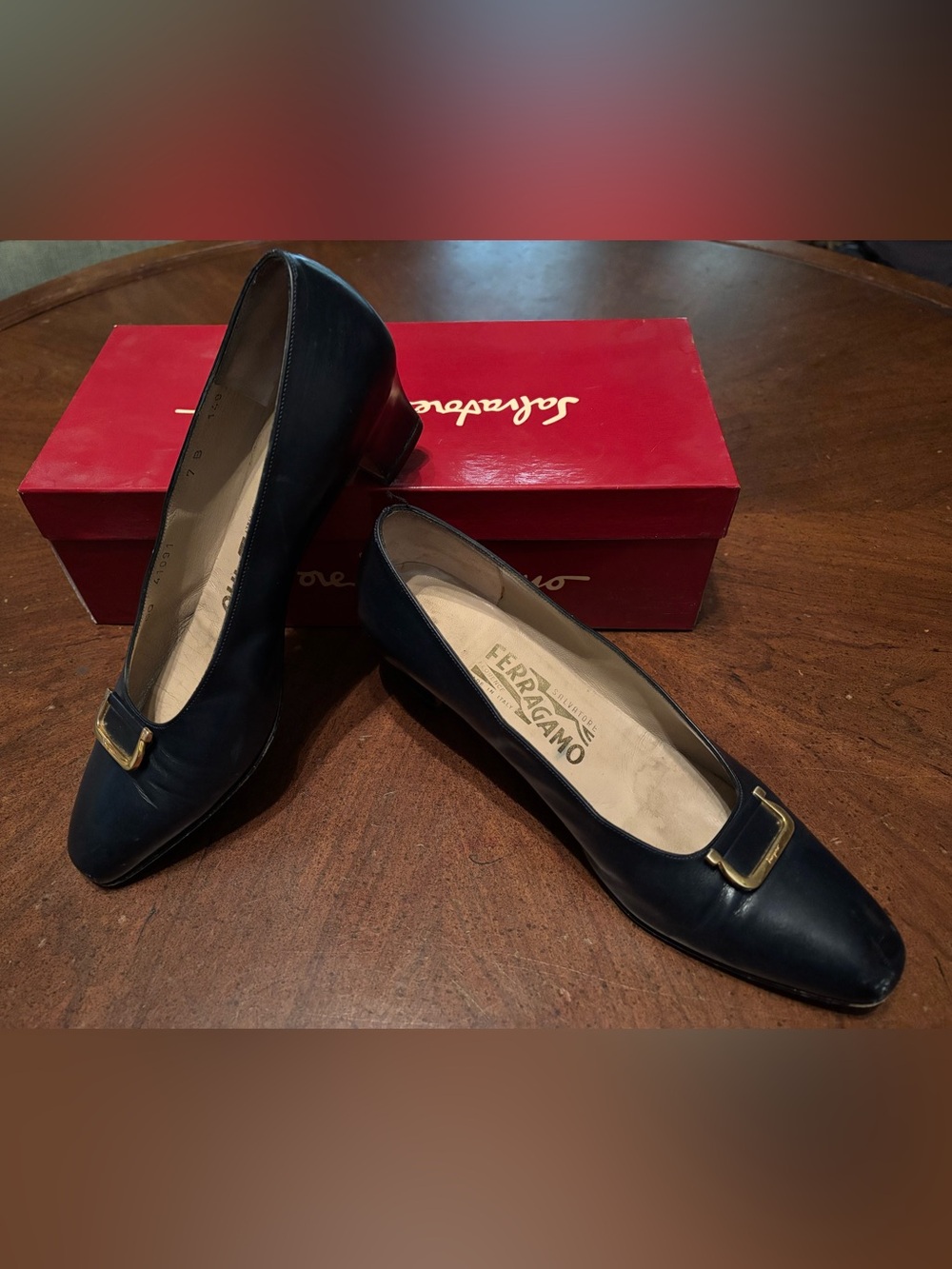 Salvatore Ferragamo Black Leather Low Block Heel Pumps - Vintage 80s